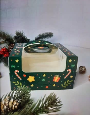 Коробка с окном под под 4 капкейка/пирожных/бенто-торт Изумрудный Новый Год, 140*140*80 мм
