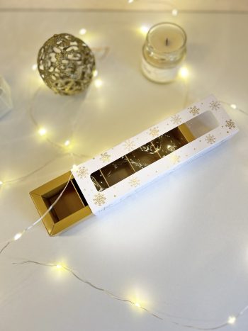 Коробка с окном под 5 конфет Золотые снежинки, 210х50х33 мм (дно и обечайка) — изображение 6