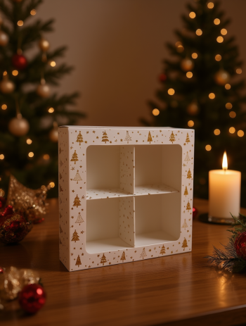 Коробка с окном 4 макаронс/моти/конфеты Золотые елочки, 126х126х35 мм (крышка-дно) — изображение 2