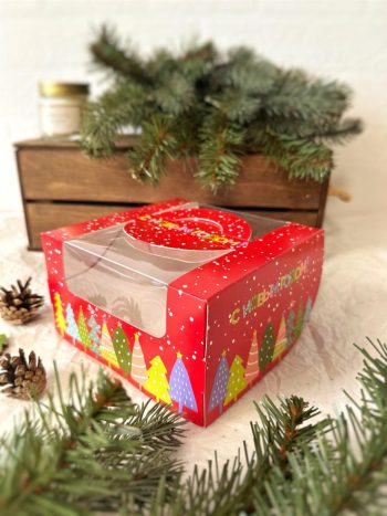 Коробка с окном под под 4 капкейка/пирожных/бенто-торт Новогоднй снегопад, 140*140*80 мм