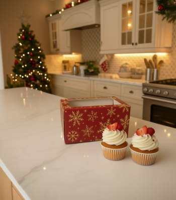 Коробка с окном под 2 капкейка Снежинки на красном, 160х100х80 мм — изображение 2