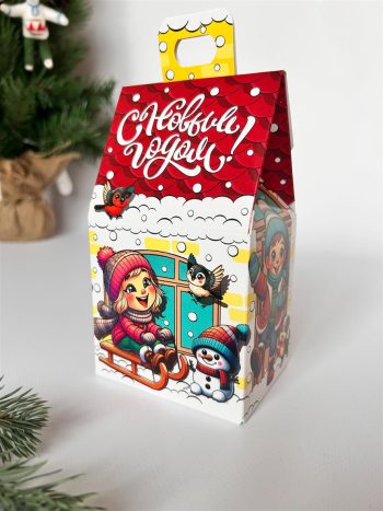 Коробка новогодняя подарочная Ура, каникулы!, 91х70х157 (+30) мм (домик)